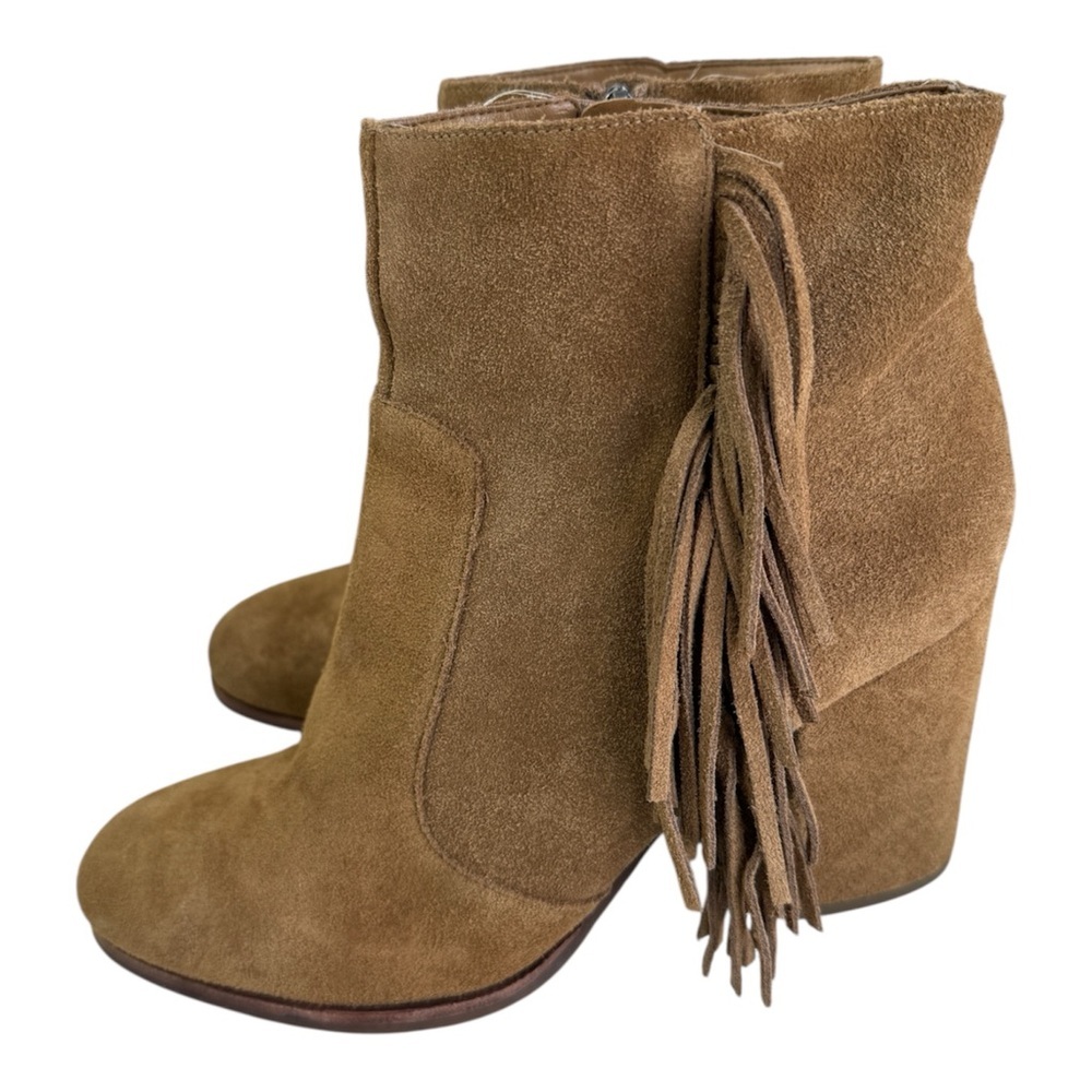 Via Spiga Niurka Dark Natural Suede Fringe Bock Heel Booties Size 9.5 M